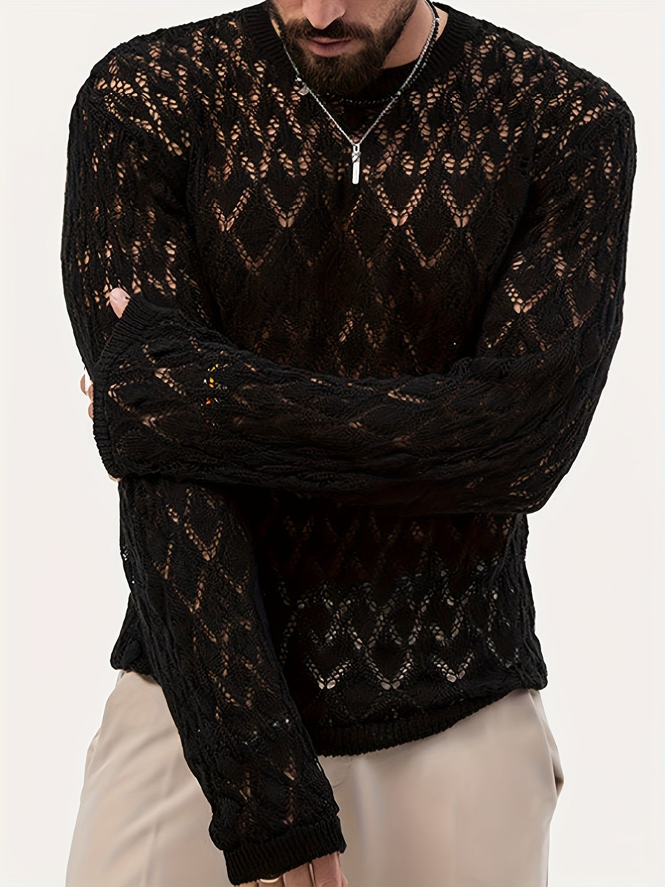 Trendy Knit Sweater Sheer Mesh Hollow Design Casual Round Neck Pullover Sweater Sexy Clubwear For Men