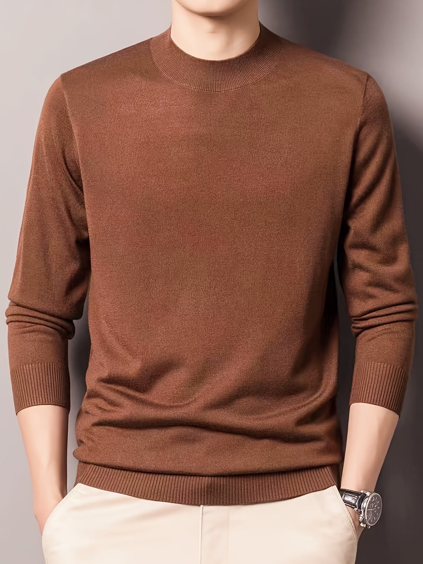 All Match Knitted Solid Sweater, Men's Casual Warm Slightly Stretch Crew Neck Pullover Sweater For Men Fall Winter