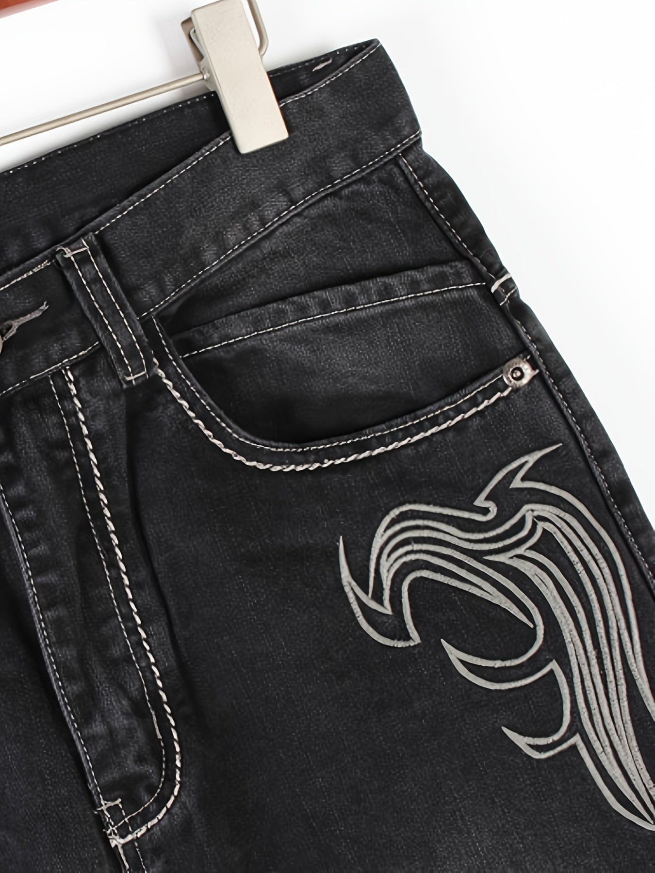 Mens Vintage Embroidered Jeans - Loose Fit, Straight Leg, Hip Hop Dance Style - Durable Denim, All-Season Comfort