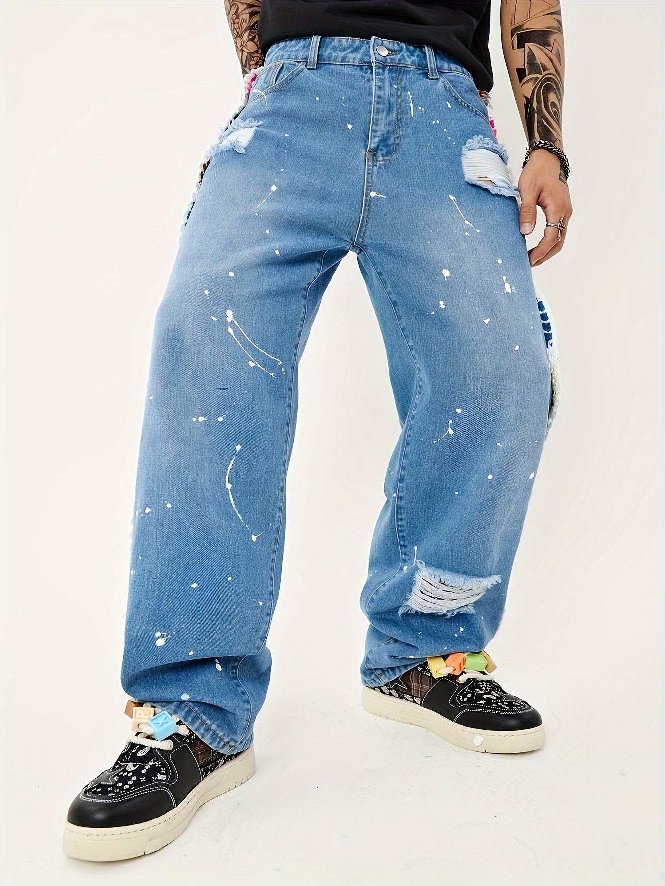 Unique Bohemian-Style Embroidered Wide-Leg Jeans for Men - Fashionable Artistic Denim Pants with Patchwork Design, Comfortable Fit, and Stylish Details - Perfect for Casual Wear and Fashion Enthusiasts