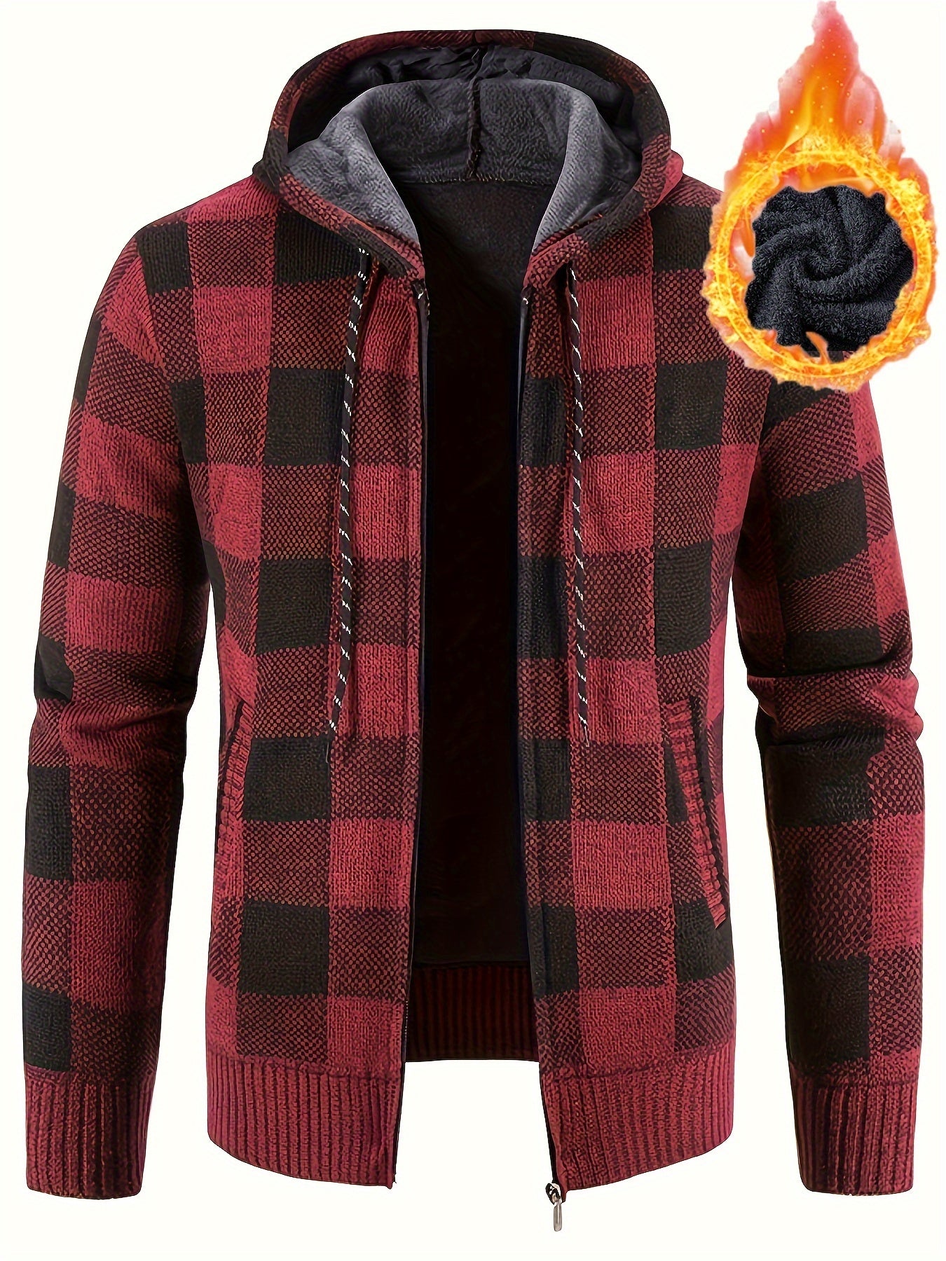 All Match Knitted Plaid Hooded Cardigan Jacket, Men's Casual Warm Slightly Stretch Zip Up Jacket Coat For Fall Winter