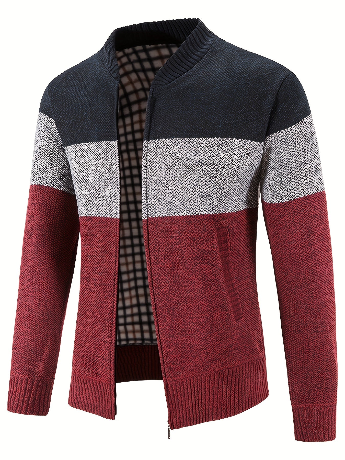 Warm And Thick Fleece Jacket For Male, Men's Casual Comfy Color Block Mid Stretch Zip Up Knit Cardigan For Winter And Fall