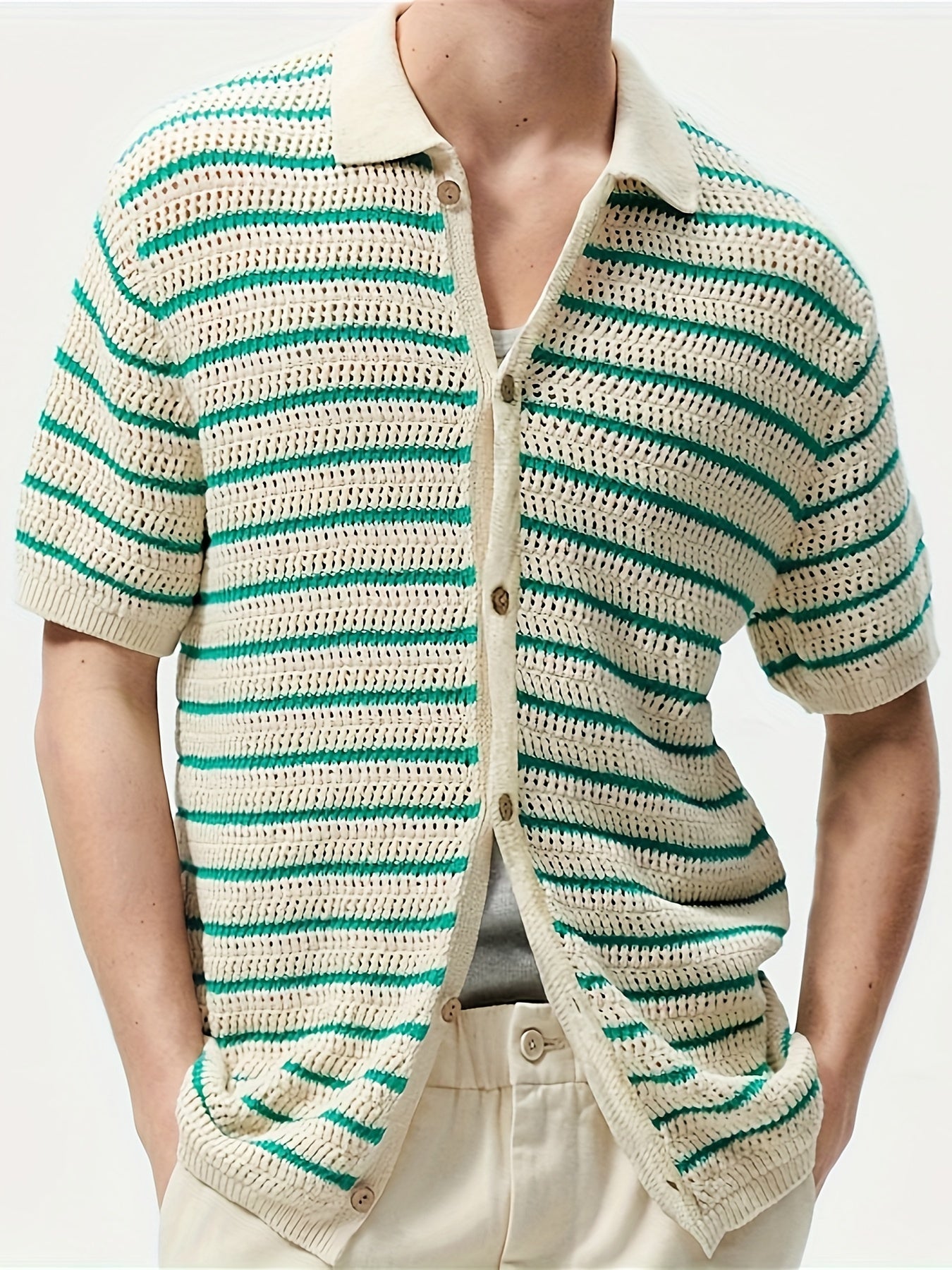 Short Sleeve Men's Knit Cardigan with Button Up and Stripes Pattern