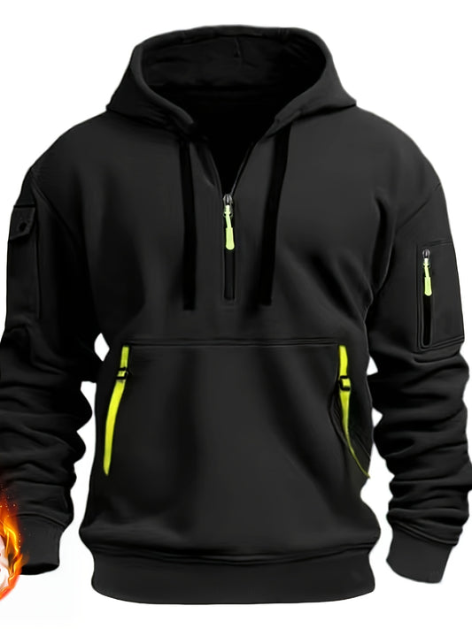 Men's Casual Fleece-Lined Hoodie with Multiple Zipper Pockets - V-Neck Pullover for Fall & Winter, Plus Size Available