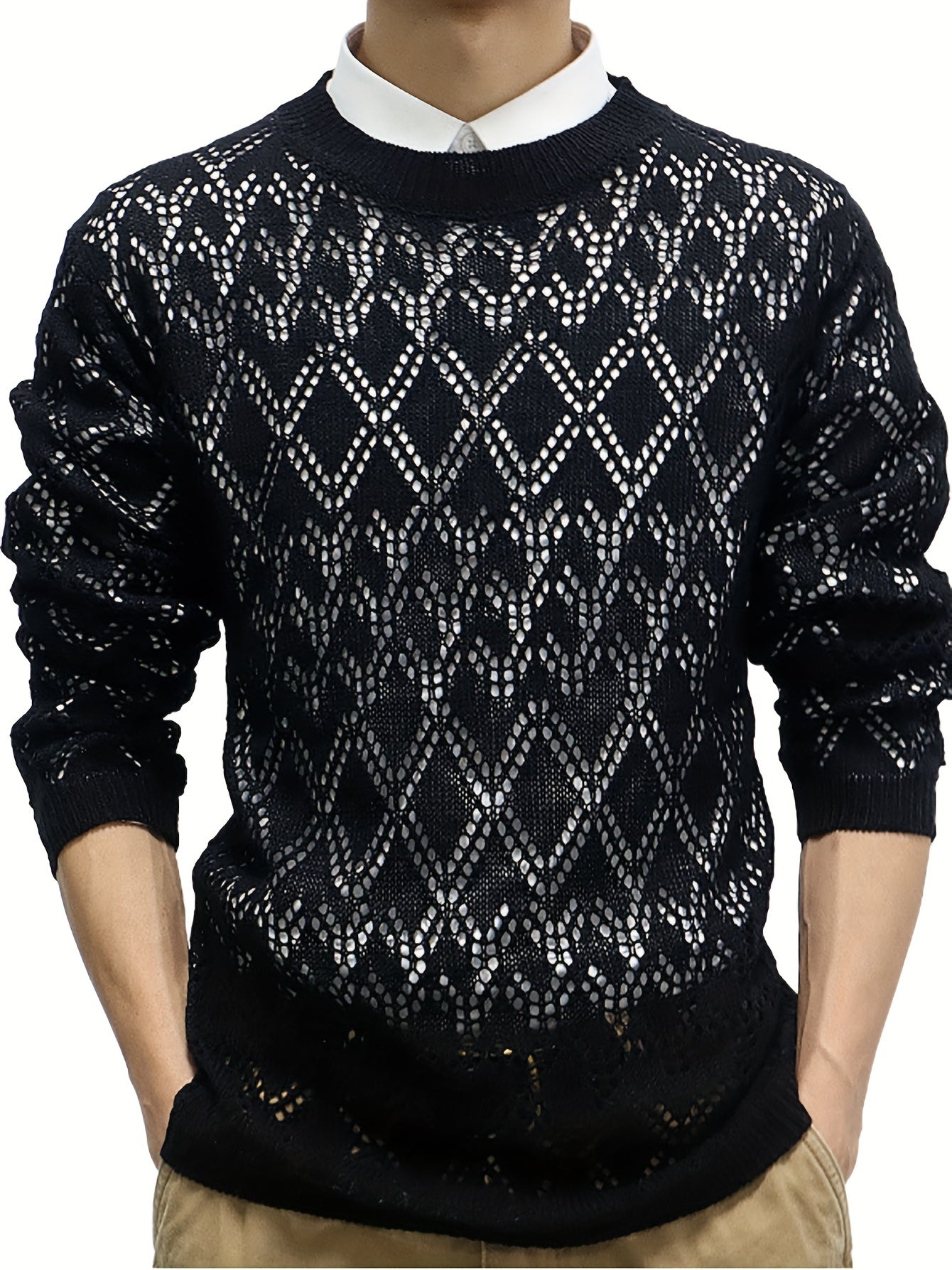 Trendy Knit Sweater Sheer Mesh Hollow Design Casual Round Neck Pullover Sweater Sexy Clubwear For Men