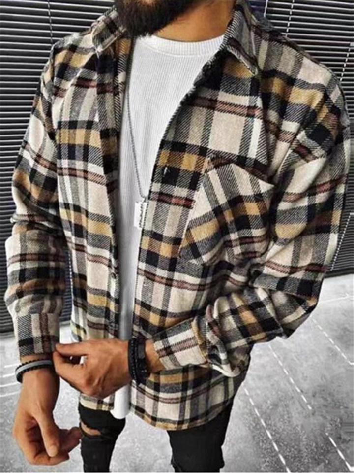 Foruwish - Casual Style Classic Pointed Collar Chest Pocket Multicolor Patchwork Button Plaid Long Sleeve Shirt