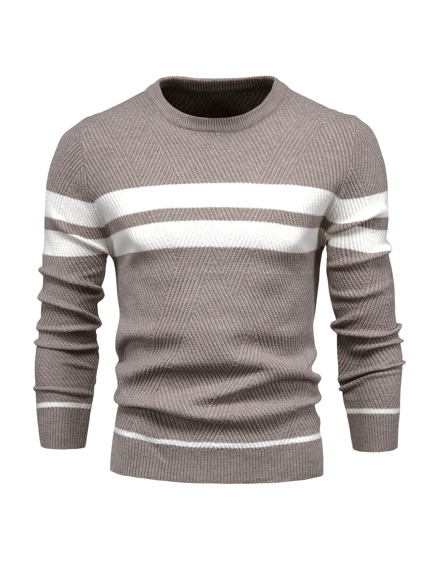 Foruwish - All Match Knitted Striped Pattern Sweater, Men's Casual Warm Slightly Stretch Crew Neck Pullover Sweater For Men Fall Winter