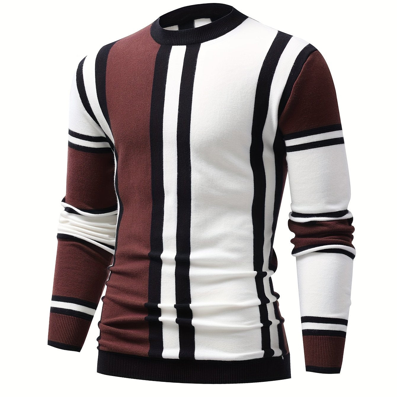 Foruwish - Color Block Design Chic Sweater, Men's Casual Warm High Stretch Crew Neck Pullover Sweater For Fall Winter