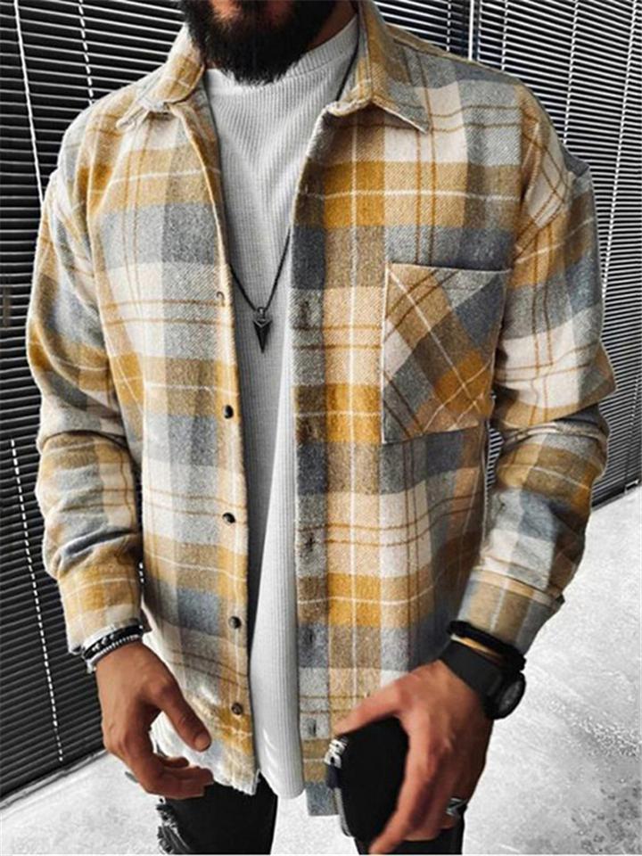 Foruwish - Casual Style Classic Pointed Collar Chest Pocket Multicolor Patchwork Button Plaid Long Sleeve Shirt