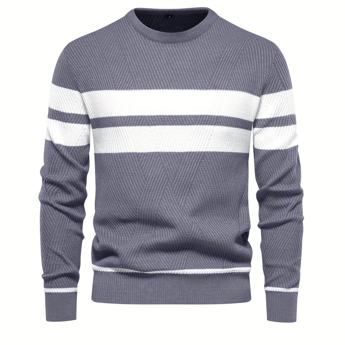 Foruwish - All Match Knitted Striped Pattern Sweater, Men's Casual Warm Slightly Stretch Crew Neck Pullover Sweater For Men Fall Winter