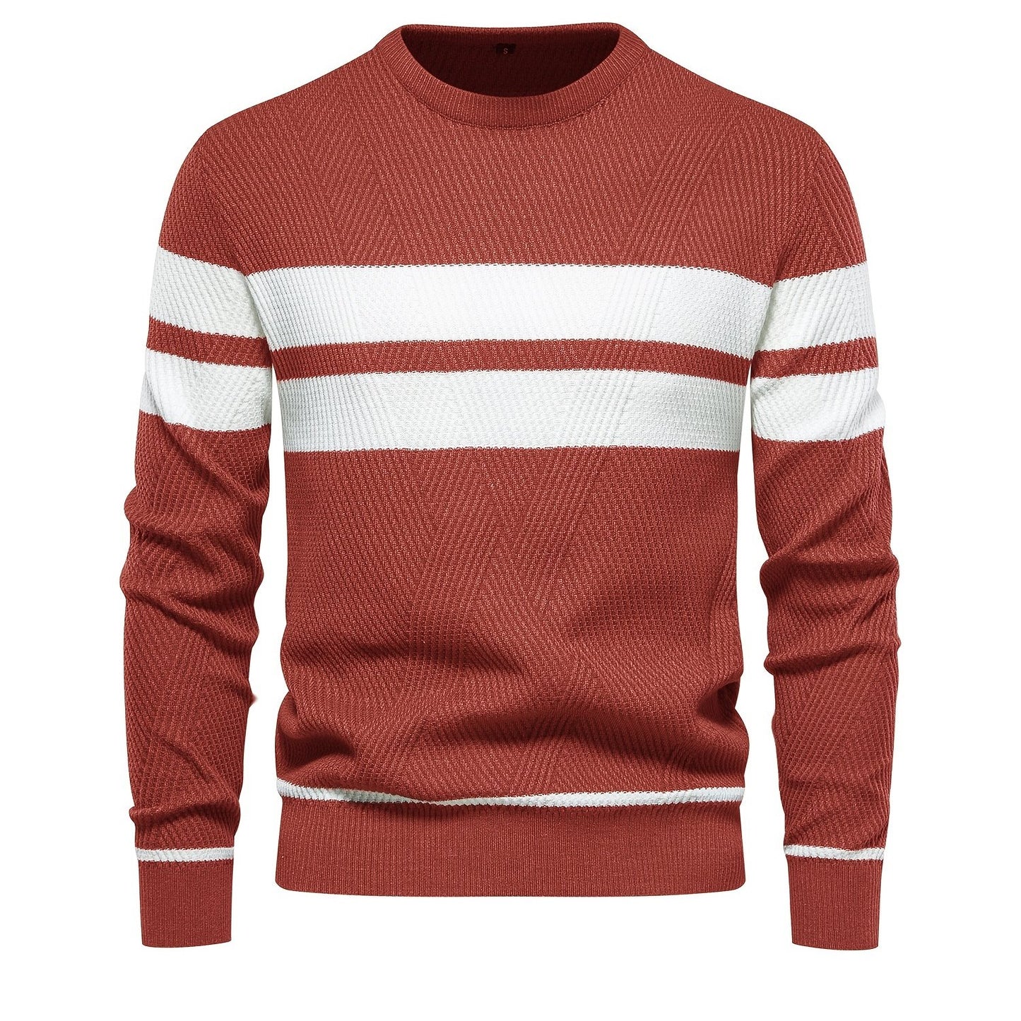 Foruwish - All Match Knitted Striped Pattern Sweater, Men's Casual Warm Slightly Stretch Crew Neck Pullover Sweater For Men Fall Winter