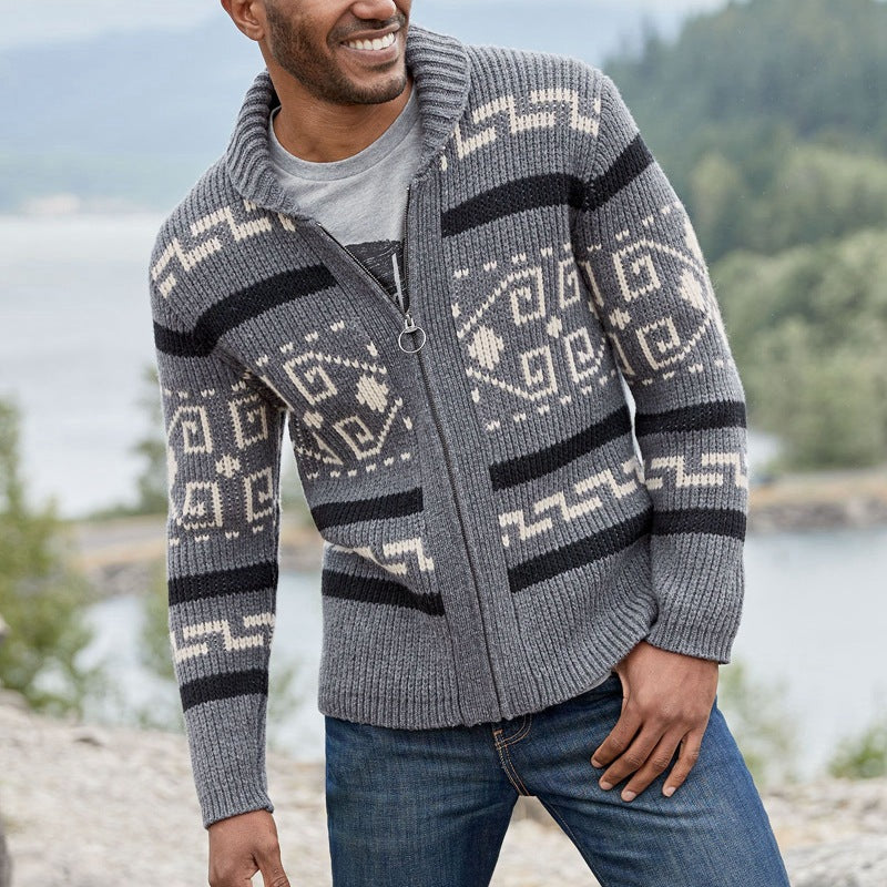 Foruwish - Western Wear Aztec Print Men Zipper Knitted Warm Casual Knitwear Cardigan