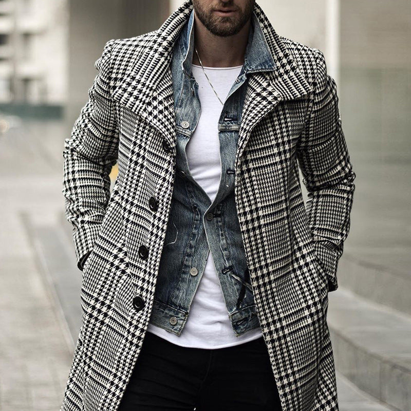 Foruwish - Men's Fashion Plaid Lapel Coat Mid Length Coat