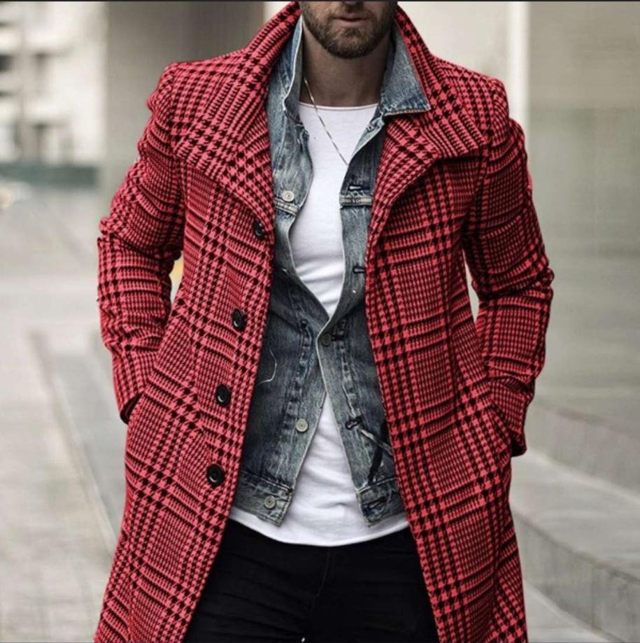 Foruwish - Men's Fashion Plaid Lapel Coat Mid Length Coat