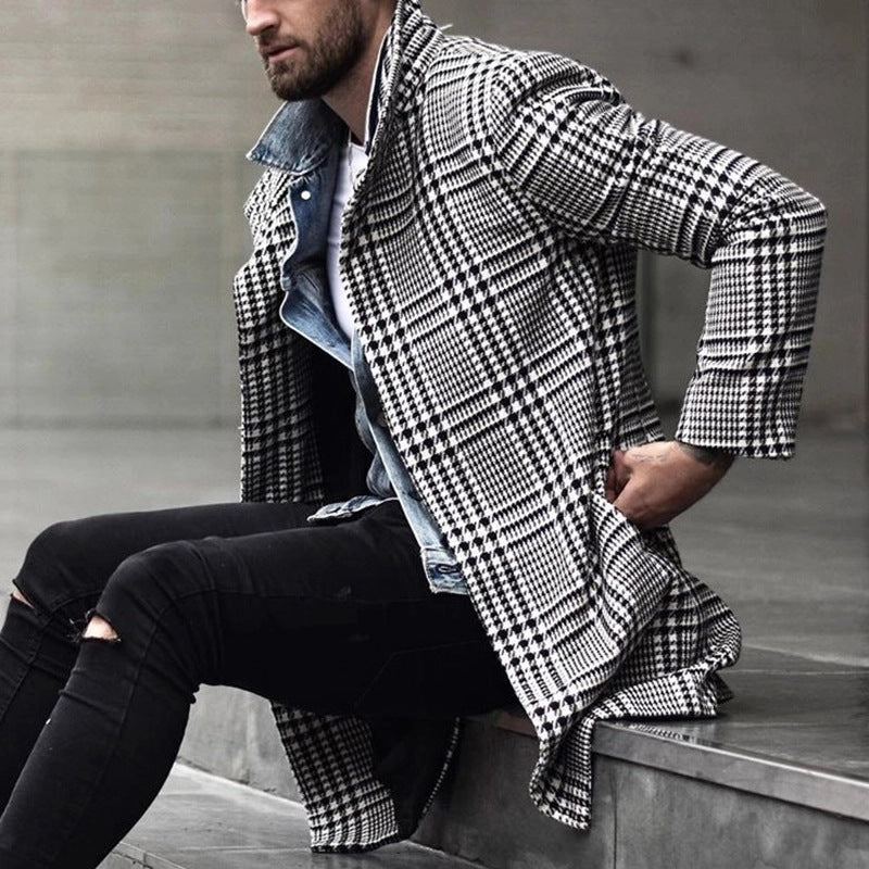 Foruwish - Men's Fashion Plaid Lapel Coat Mid Length Coat