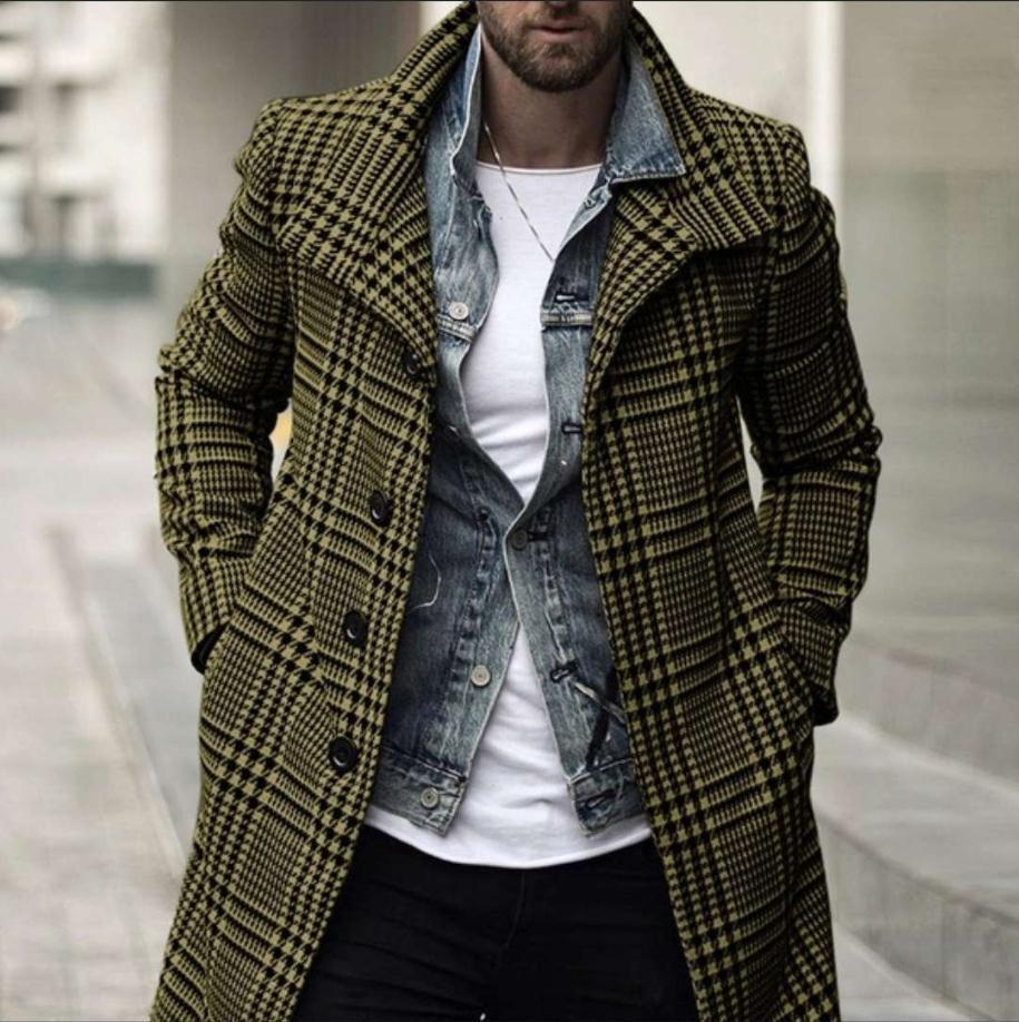 Foruwish - Men's Fashion Plaid Lapel Coat Mid Length Coat