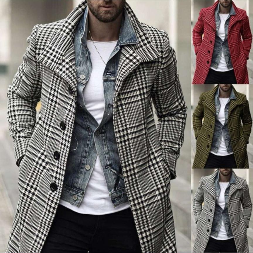 Foruwish - Men's Fashion Plaid Lapel Coat Mid Length Coat