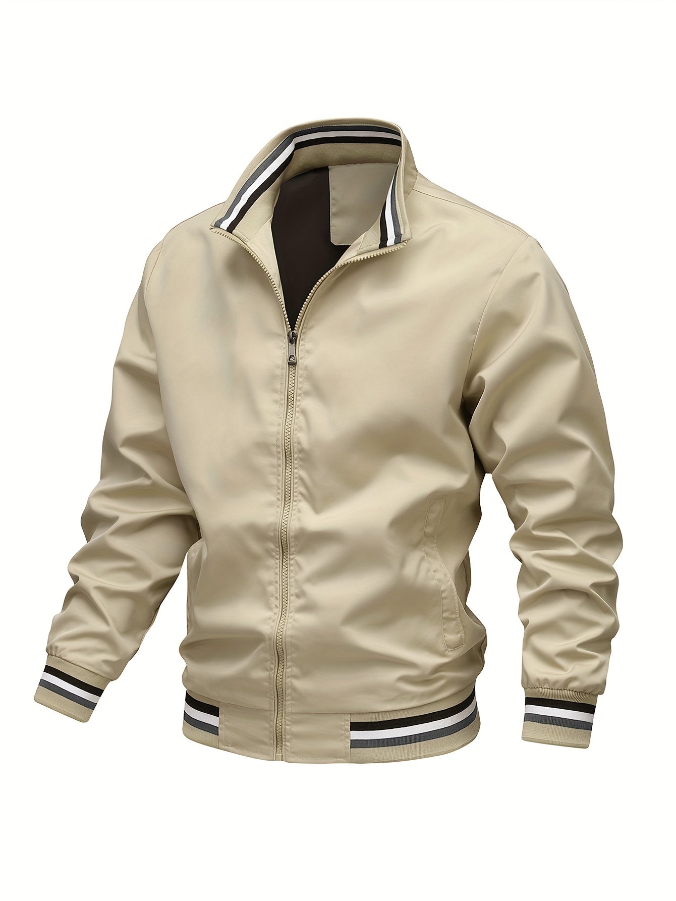 Foruwish - Stripe Edge Bomber Jacket, Men's Casual Stand Collar Zip Up Jacket For Spring Summer Outdoor