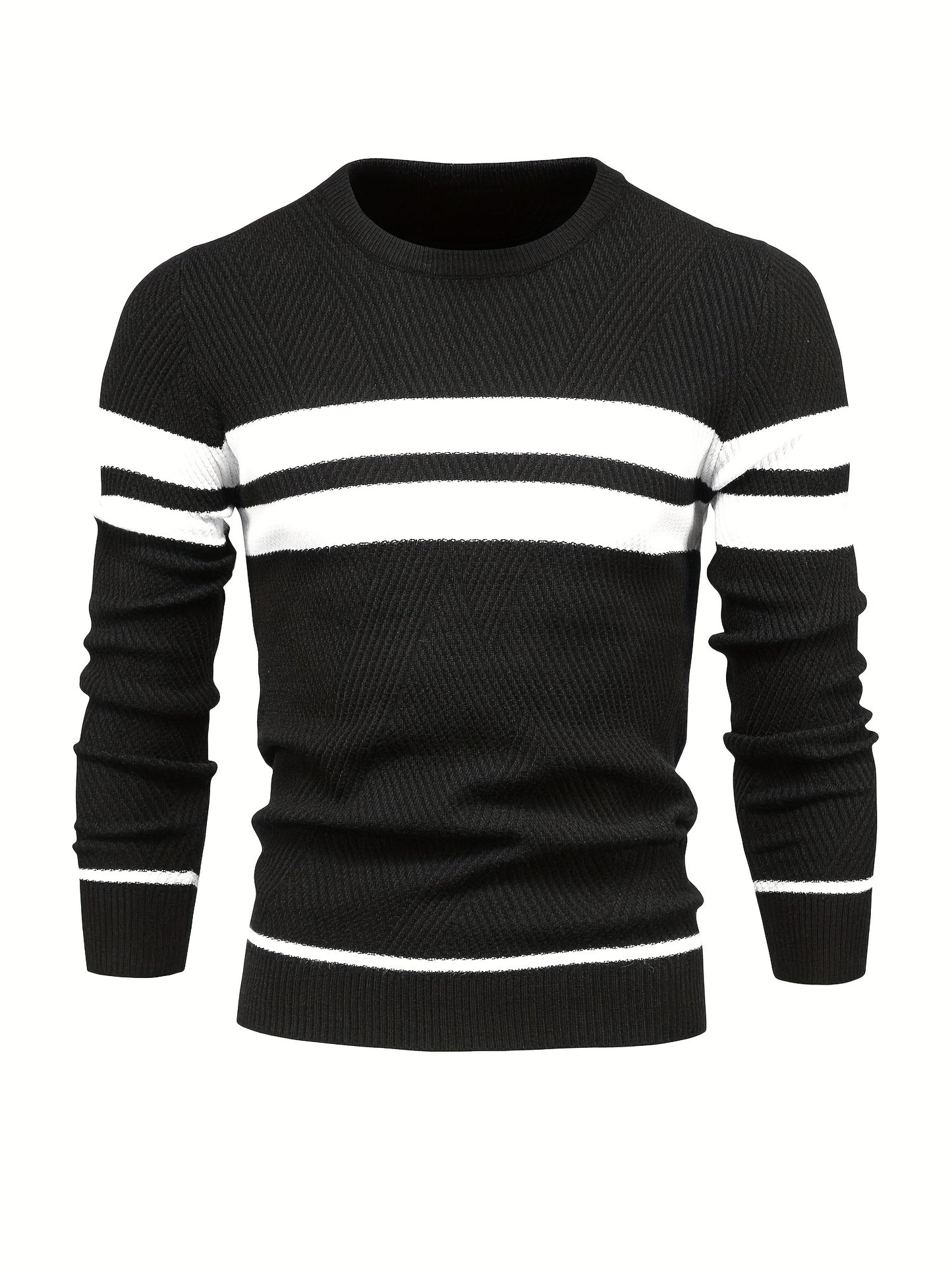 Foruwish - All Match Knitted Striped Pattern Sweater, Men's Casual Warm Slightly Stretch Crew Neck Pullover Sweater For Men Fall Winter