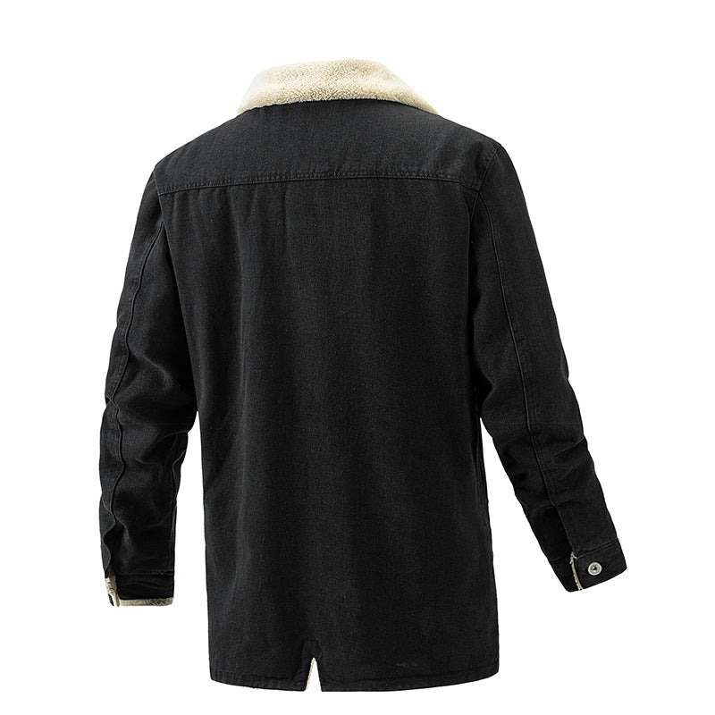 Foruwish - Denim Thick Fleece Jacket Sherpa Lined Turn Down Collar Coat for Cowboy