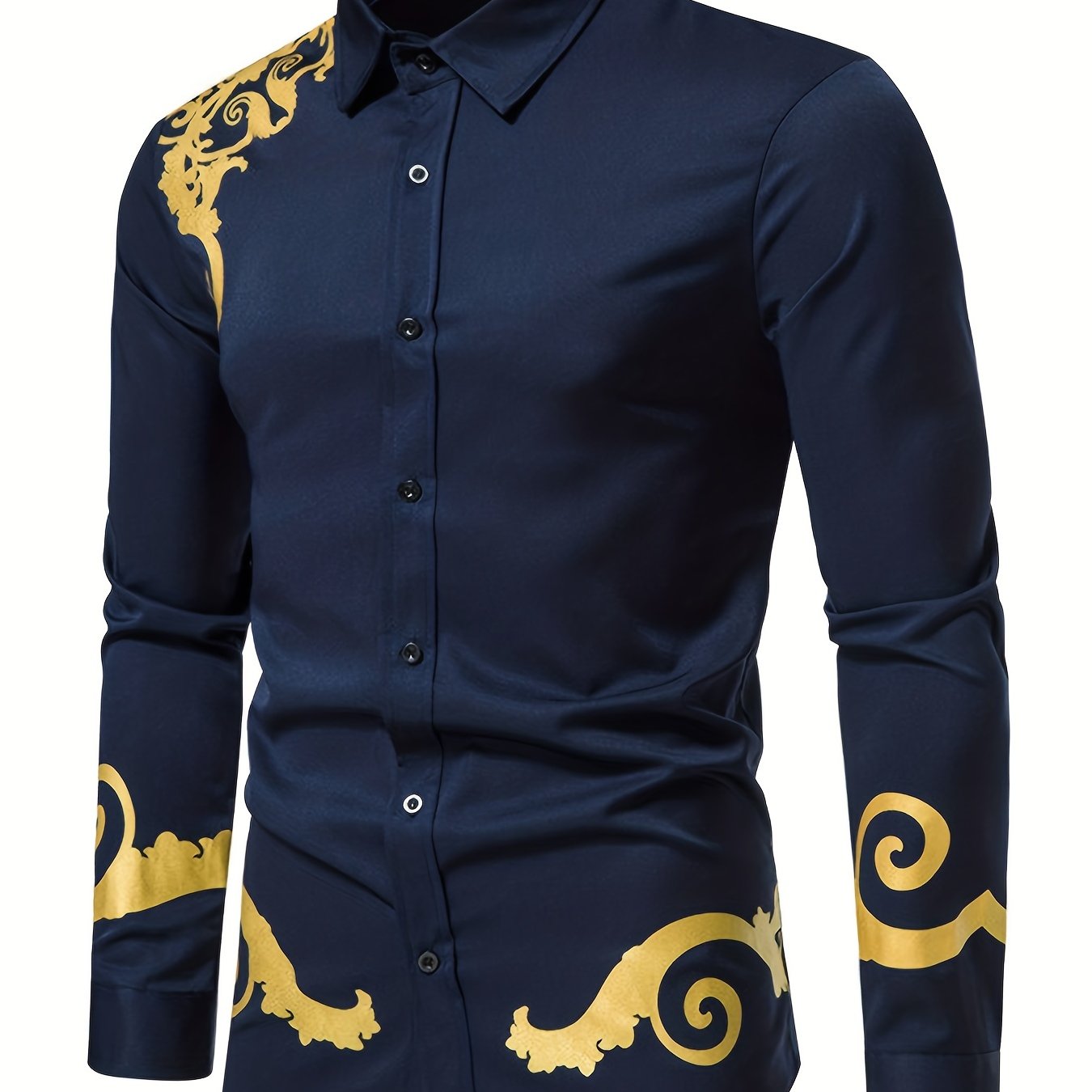 Make a Statement in This Stylish Men's Gold-Printed Long-Sleeved Shirt