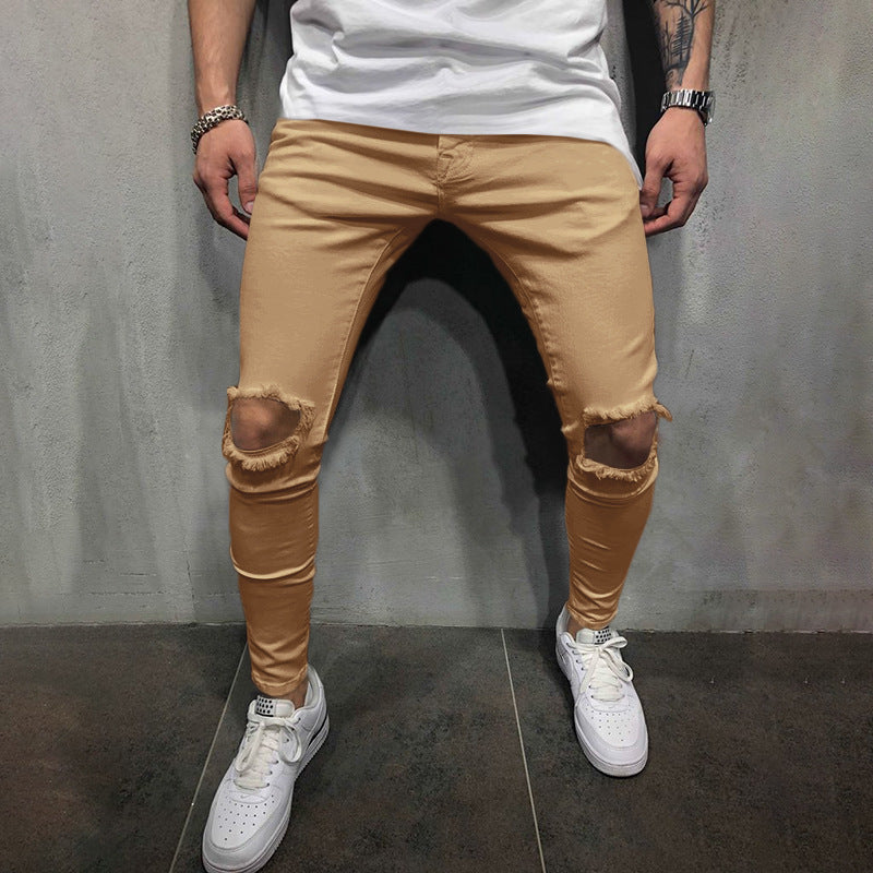 Foruwish - Men's Tight-fitting Fashion Casual Solid Color Ripped Mid-waist And Small-foot Casual Trousers