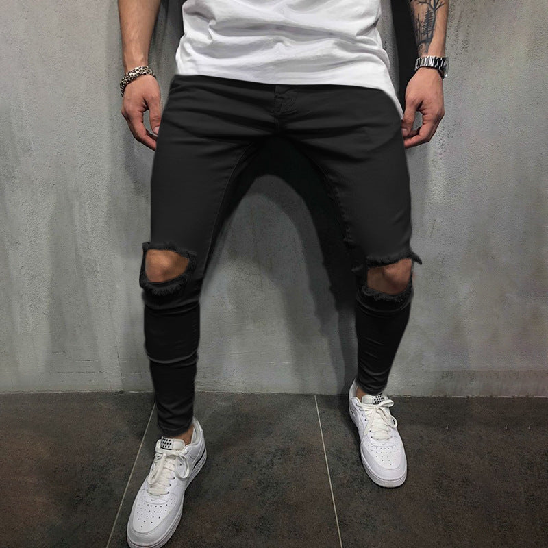 Foruwish - Men's Tight-fitting Fashion Casual Solid Color Ripped Mid-waist And Small-foot Casual Trousers