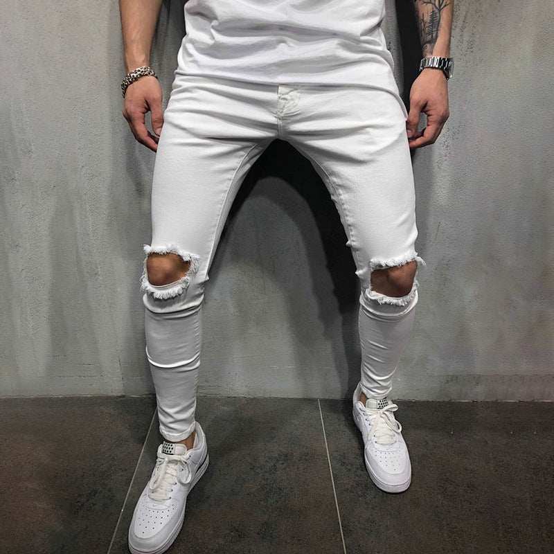 Foruwish - Men's Tight-fitting Fashion Casual Solid Color Ripped Mid-waist And Small-foot Casual Trousers