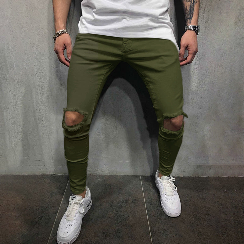 Foruwish - Men's Tight-fitting Fashion Casual Solid Color Ripped Mid-waist And Small-foot Casual Trousers