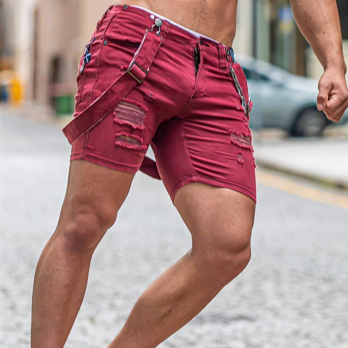 Foruwish - Ripped Denim Fit Shorts (Removable Suspenders)