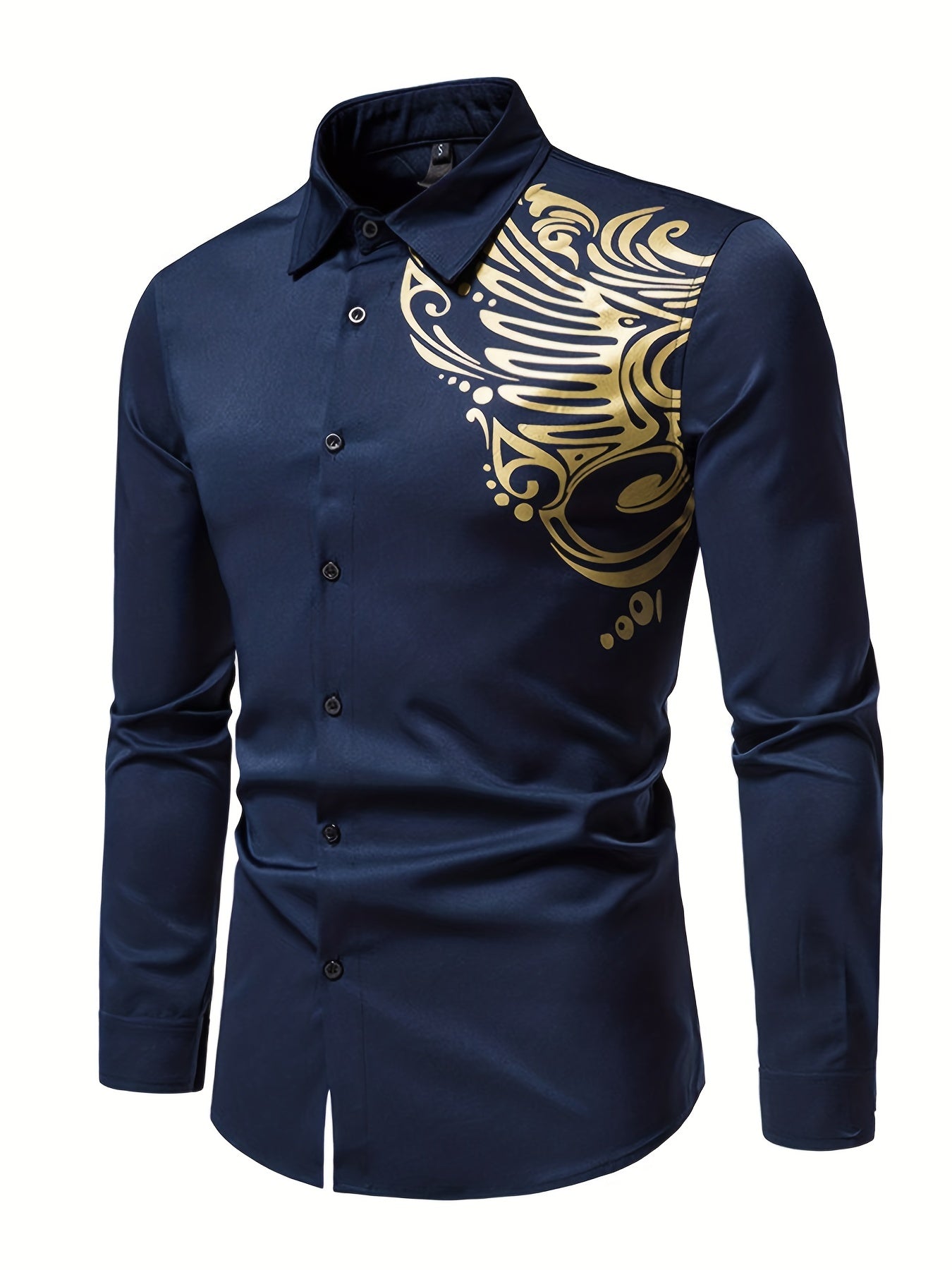 Make a Statement in This Stylish Men's Gold-Printed Long-Sleeved Shirt