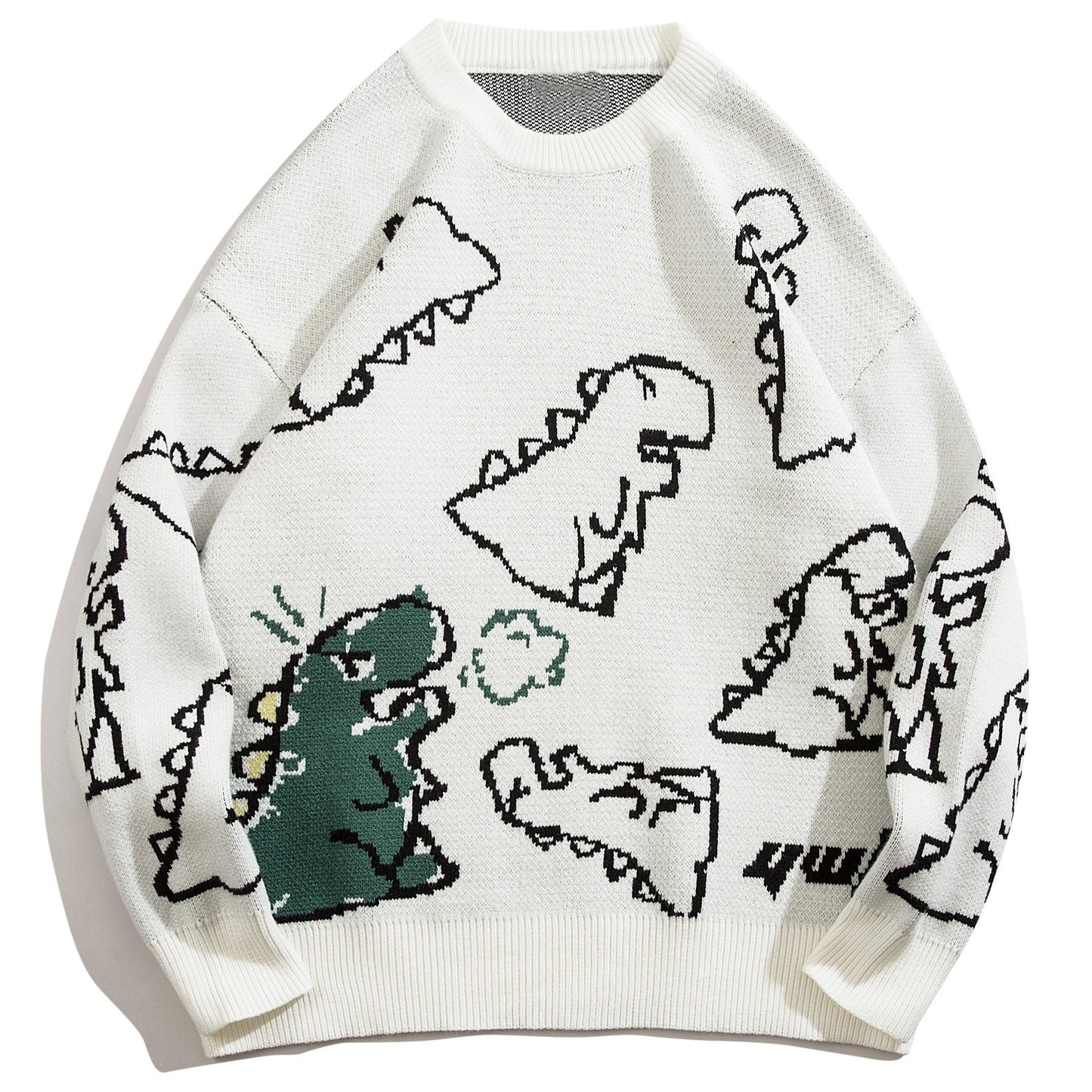 Foruwish - Cute Cartoon Dinosaur Pattern Knitted Sweater, Men's Casual Warm Slightly Stretch Round Neck Pullover Sweater For Fall Winter
