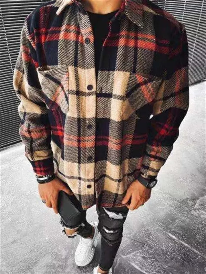 Foruwish - Mens Fashion Plaid Pattern Open Front Long Sleeve Coats