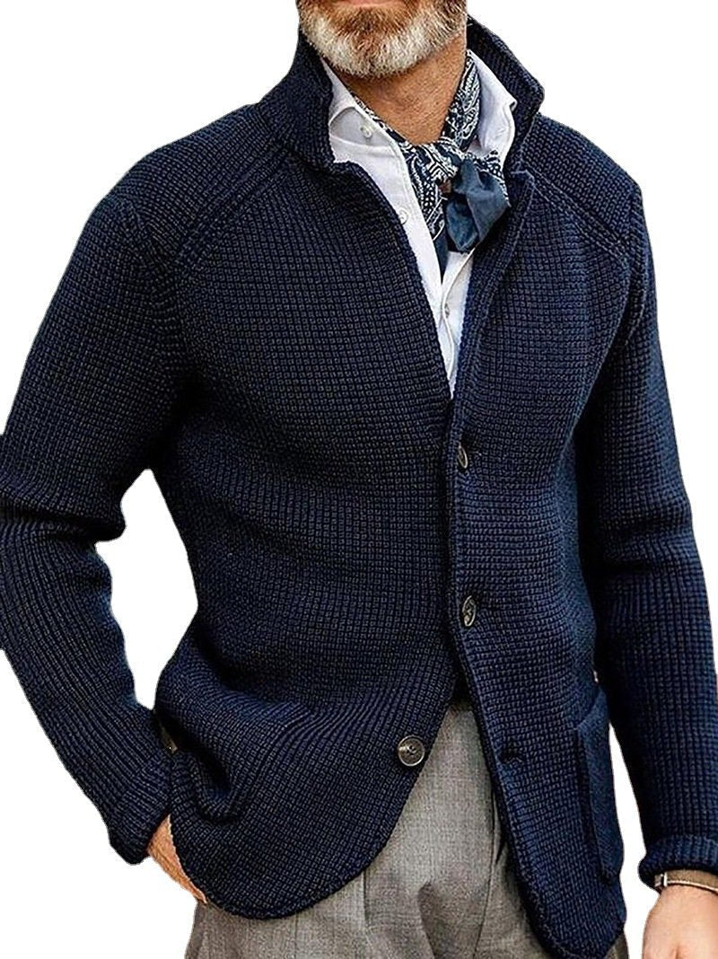 Solid Color Stand Collar Cardigan Men's Knitted Coat