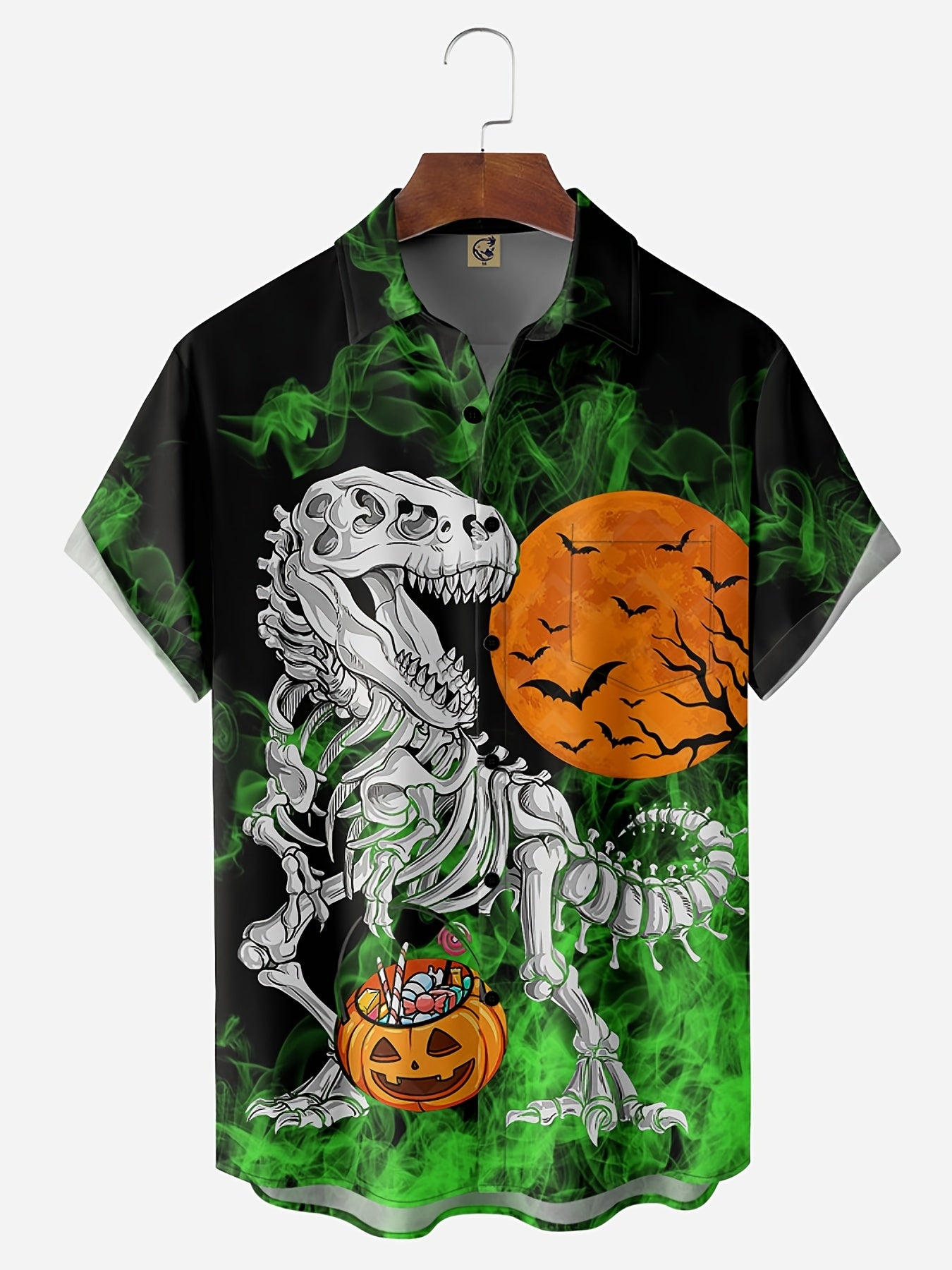 Men's Halloween Print Short Sleeve Lapel Shirt Vintage Bowling Shirt