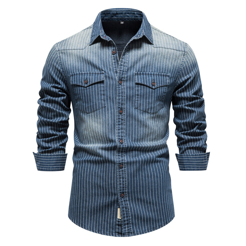 Foruwish - Men Vintage Striped Denim Shirt Jacket Rip/Cole Hauser  Dress Like Rip/Cole Style Vintage Washed West Wearing Long Sleeve Striped Denim Shirt