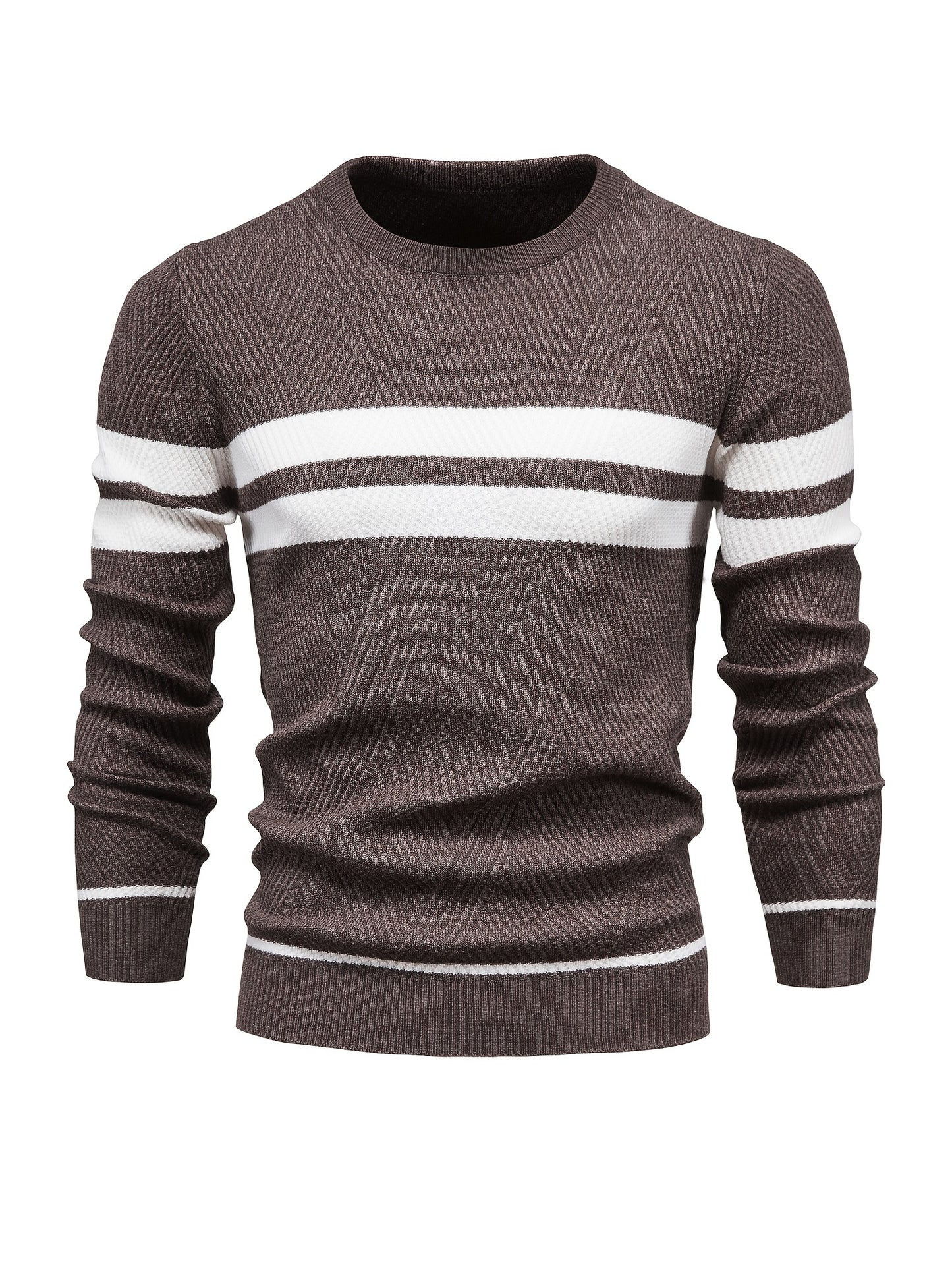 Foruwish - All Match Knitted Striped Pattern Sweater, Men's Casual Warm Slightly Stretch Crew Neck Pullover Sweater For Men Fall Winter