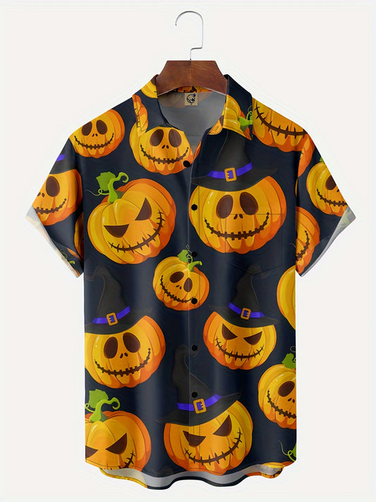 Men's Halloween Print Short Sleeve Lapel Shirt Vintage Bowling Shirt