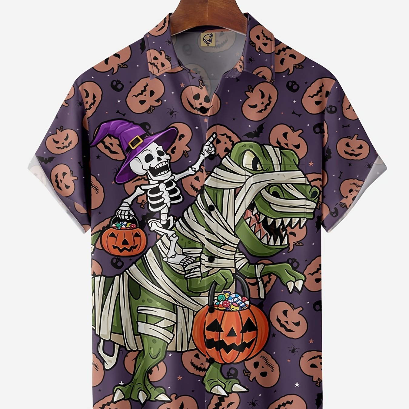 Men's Halloween Print Short Sleeve Lapel Shirt Vintage Bowling Shirt