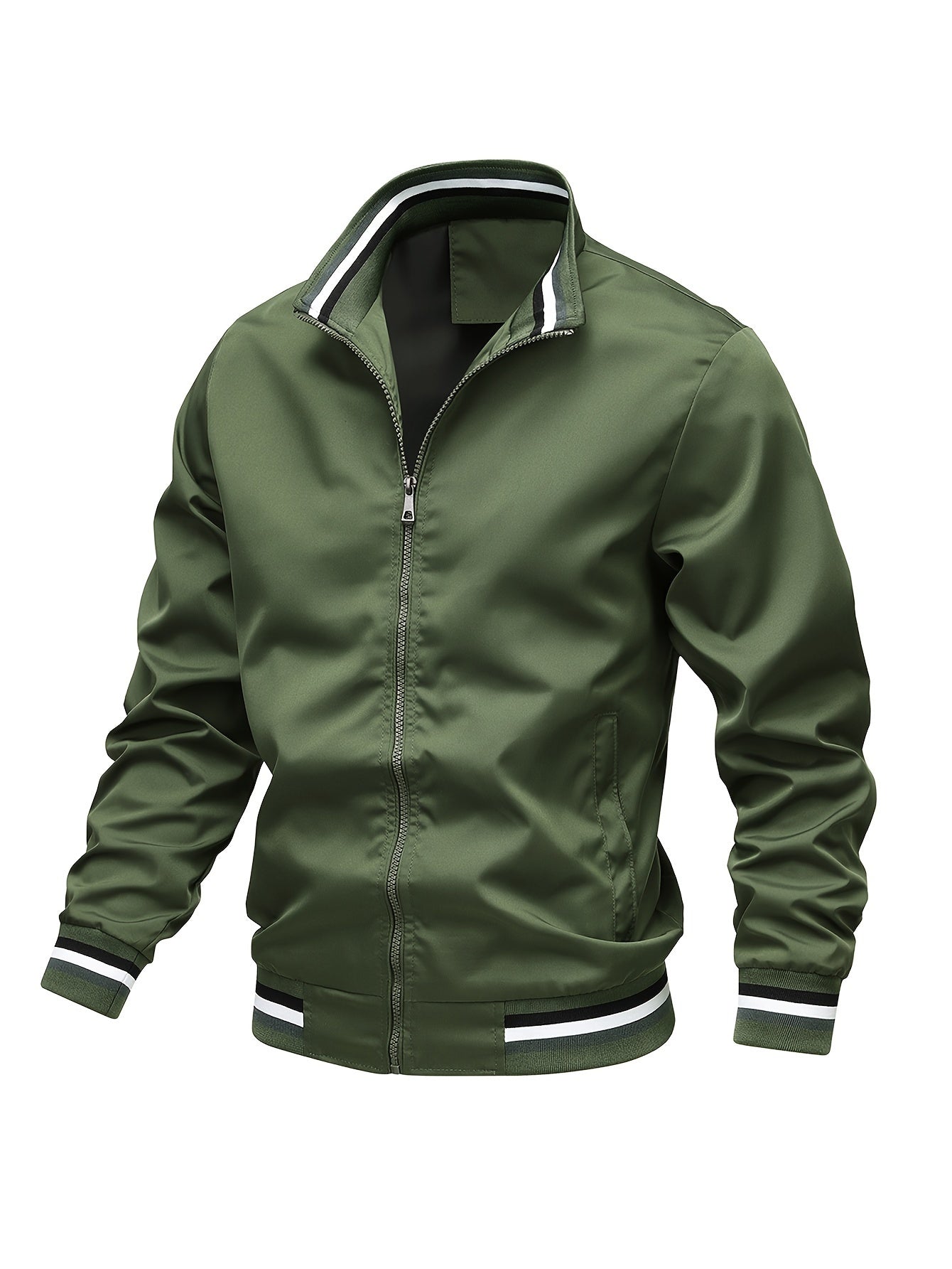 Foruwish - Stripe Edge Bomber Jacket, Men's Casual Stand Collar Zip Up Jacket For Spring Summer Outdoor