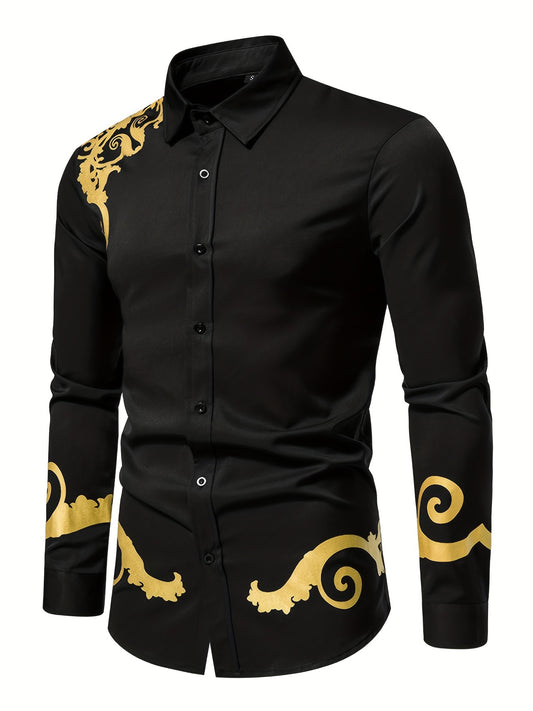 Make a Statement in This Stylish Men's Gold-Printed Long-Sleeved Shirt