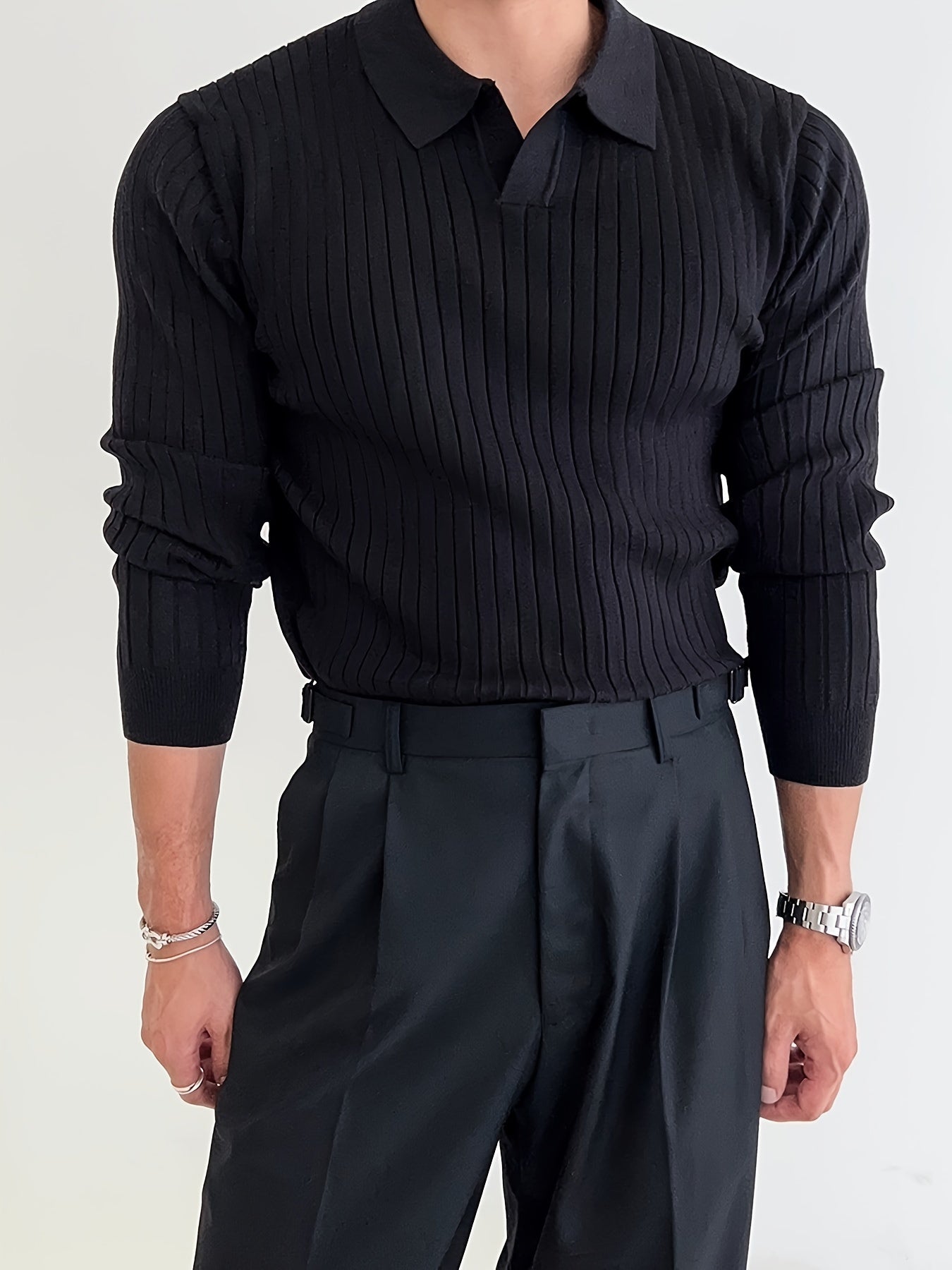 Foruwish - Solid Chic Knit Shirt, Men's Casual Lapel Slightly Stretch V-Neck Pullover Sweater For Autumn Winter