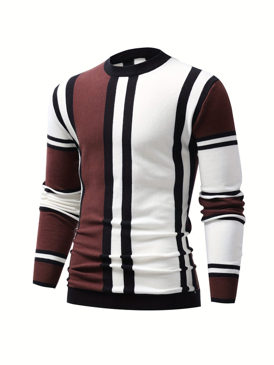 Foruwish - Color Block Design Chic Sweater, Men's Casual Warm High Stretch Crew Neck Pullover Sweater For Fall Winter