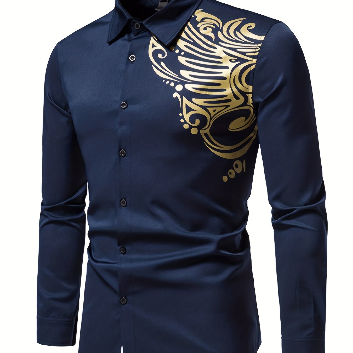 Make a Statement in This Stylish Men's Gold-Printed Long-Sleeved Shirt