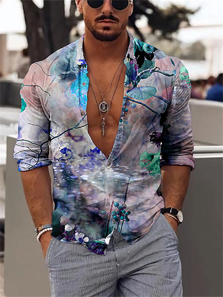 Men's Shirt Graphic Shirt Floral Turndown White Yellow Light Purple Purple 3D Print Daily Holiday Long Sleeve 3D Print Button-Down Clothing Apparel Fashion Designer Casual Breathable