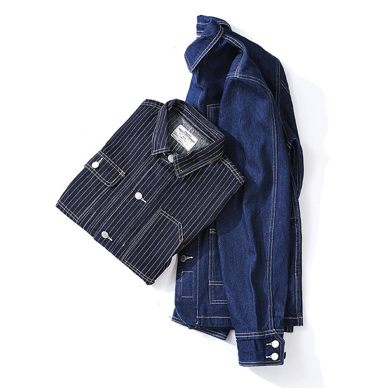 Foruwish - Men's Denim Jacket Jacket A Multi-Bag Workwear Retro Striped Biker Jacket