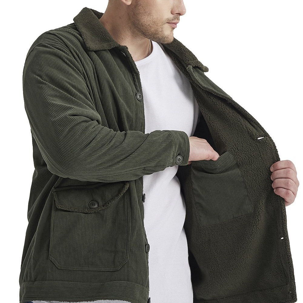 Foruwish - Men's Army Green Corduroy Jacket  For Men Dutton Ranch Thickened Polyester Sherpa Turndown Collar Jacket Coat