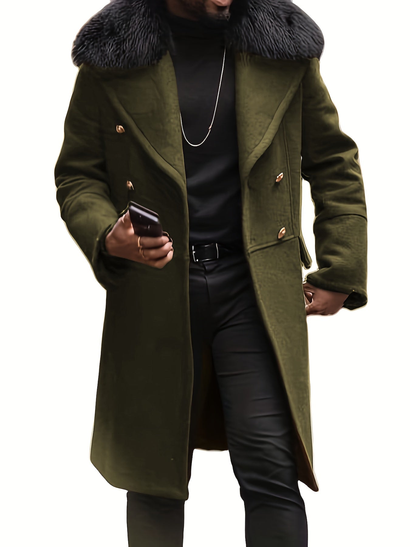 Foruwish - Men's Warm Double Breasted Overcoat, Casual Elegant Faux Woolen Trench Coat For Fall Winter