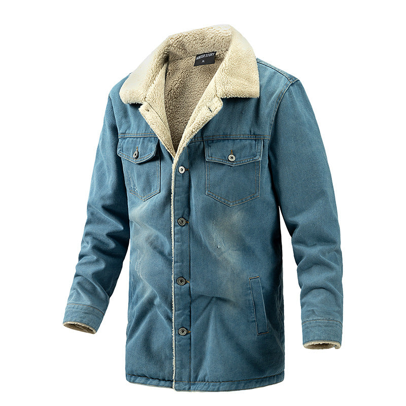 Foruwish - Denim Thick Fleece Jacket Sherpa Lined Turn Down Collar Coat for Cowboy