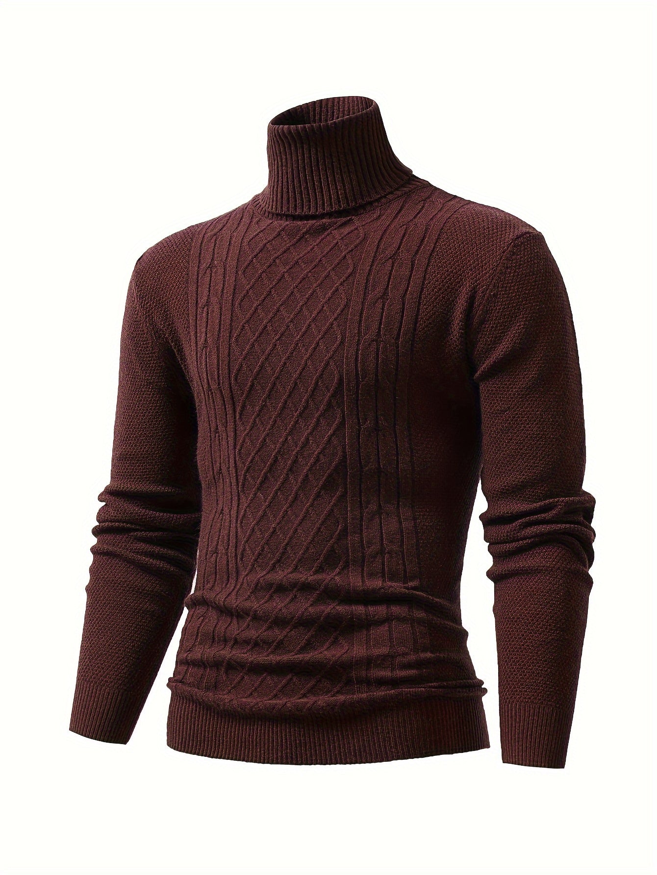 Foruwish - Turtle Neck Knitted Cable Sweater, Men's Casual Warm Solid High Stretch Pullover Sweater For Fall Winter